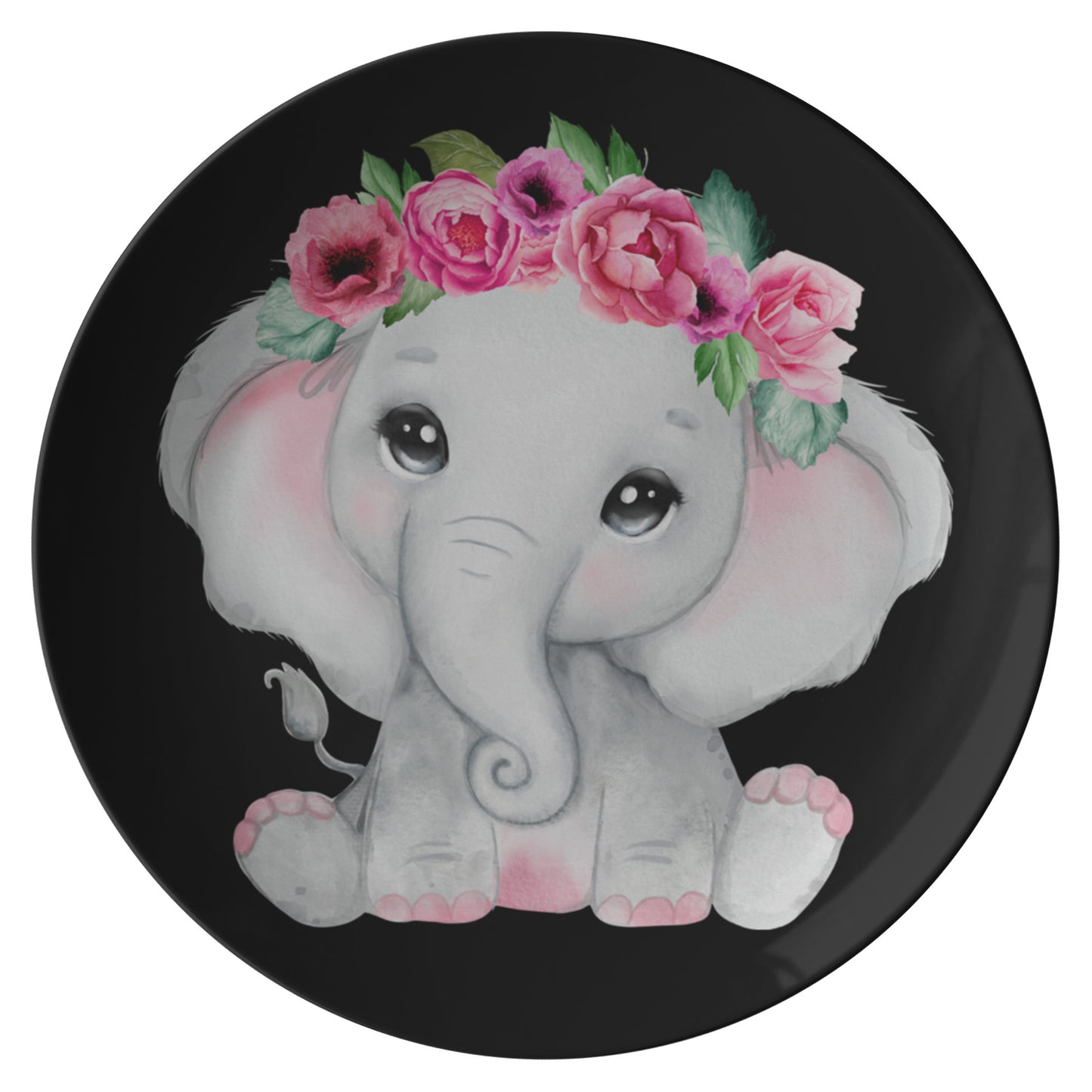 Black Plate of a Baby Girl Elephant With Burgundy & Pink Flowers, Pink Watercolor