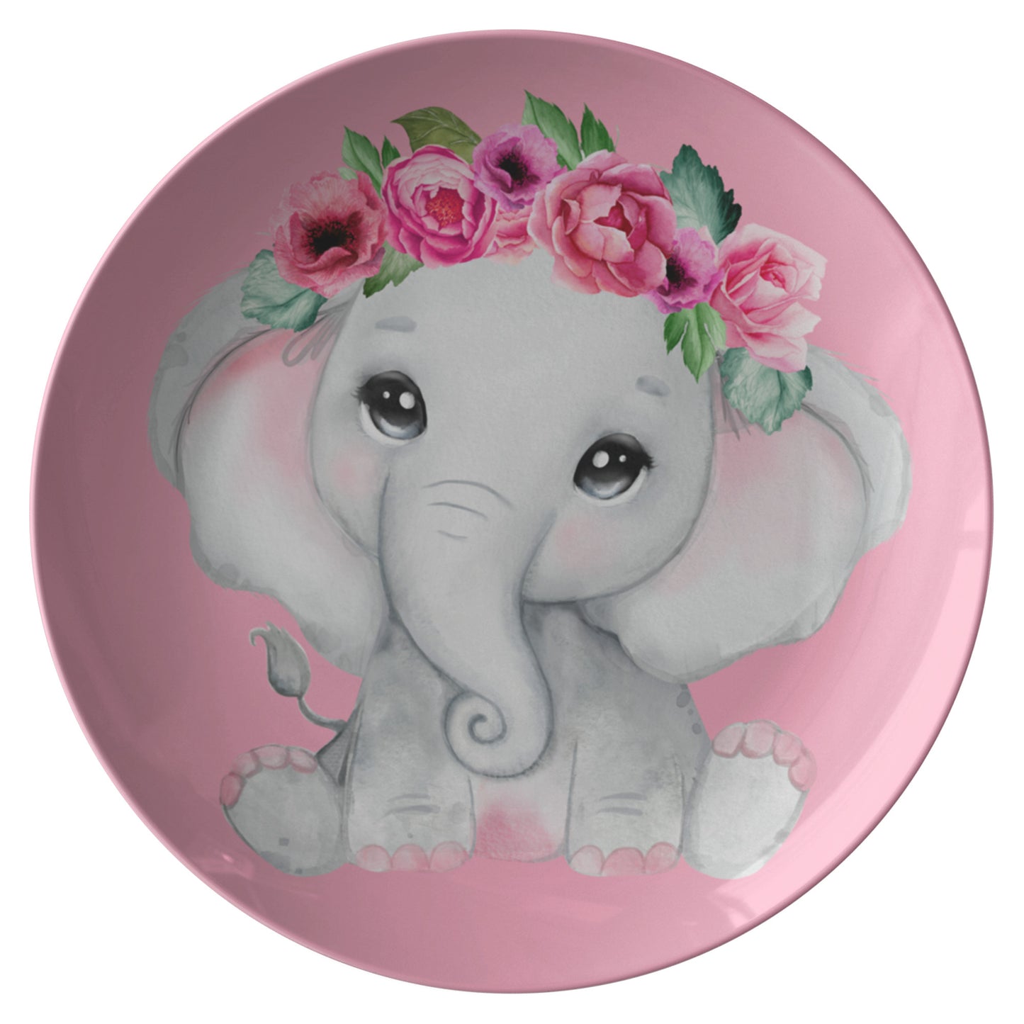 Cute Grey Baby Girl elephant With Flowers, Roses, Pink Watercolor Floral Cartoon Design for the Nursery