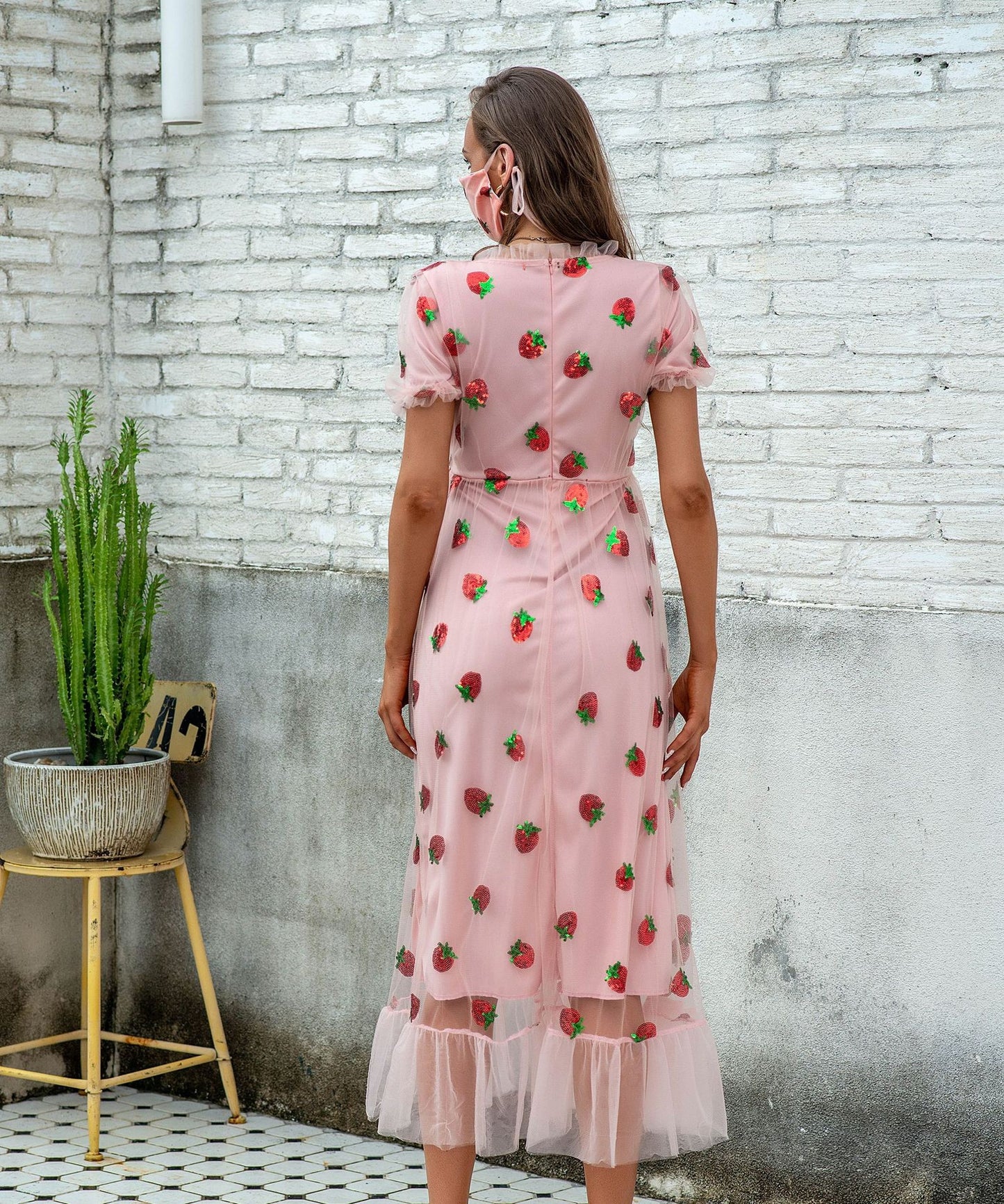 Rachy Sparkle's Pink or Black Strawberry Dress, Spring New arrival, summer, bubble sleeve, embroidered ruffles, sweet style, casual, oversize women dress
