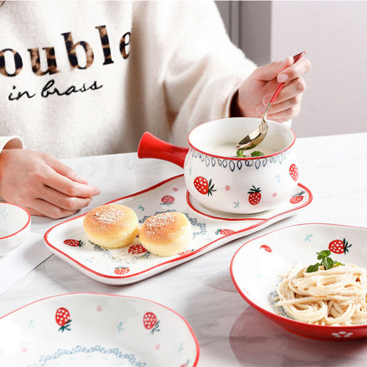 High Quality Home Goods Dinnerware Red Porcelain Soup Bowl Ceramic Pasta Plate 24pcs Ceramic Dinner Set With Strawberry Pattern, Coffee & Tea set, kitchenware, dishes,