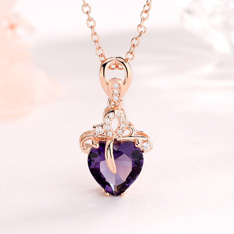 14K rose gold necklace with a purple heart pendant female gemstone chain jewelry clavicle chalcedony peridot
