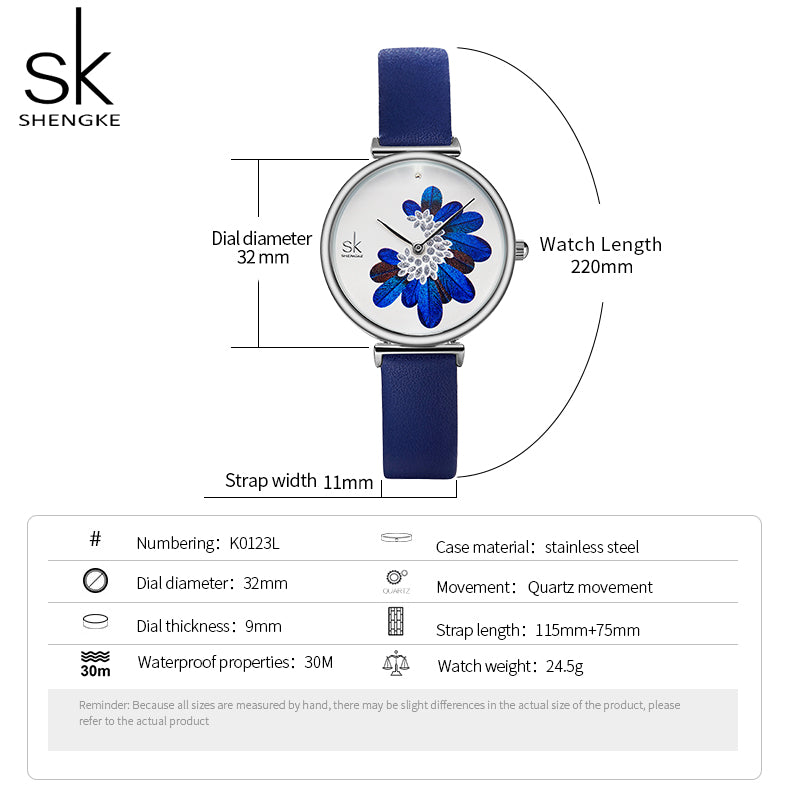 SHENGKEG Sapphire Women Watch K0123L Lady Elegant Leather Wristwatch Minority Peacock Wings Design Dial Watches