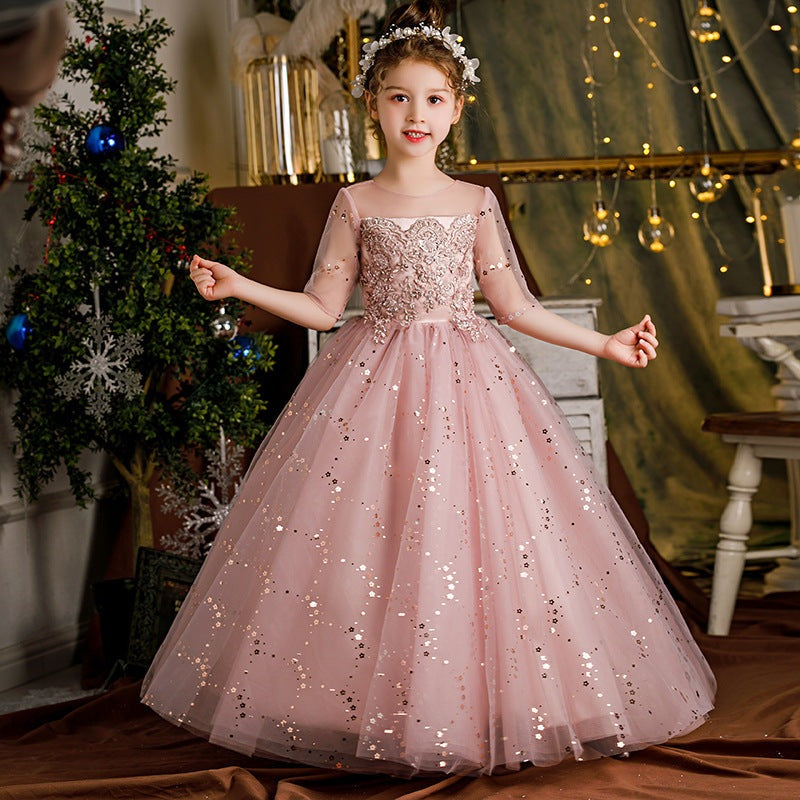 Pink/Champagne, Sleeveless Lace Appliqued A Line Wedding Pageant Communion Gowns Cute Flower Girls wedding Dresses