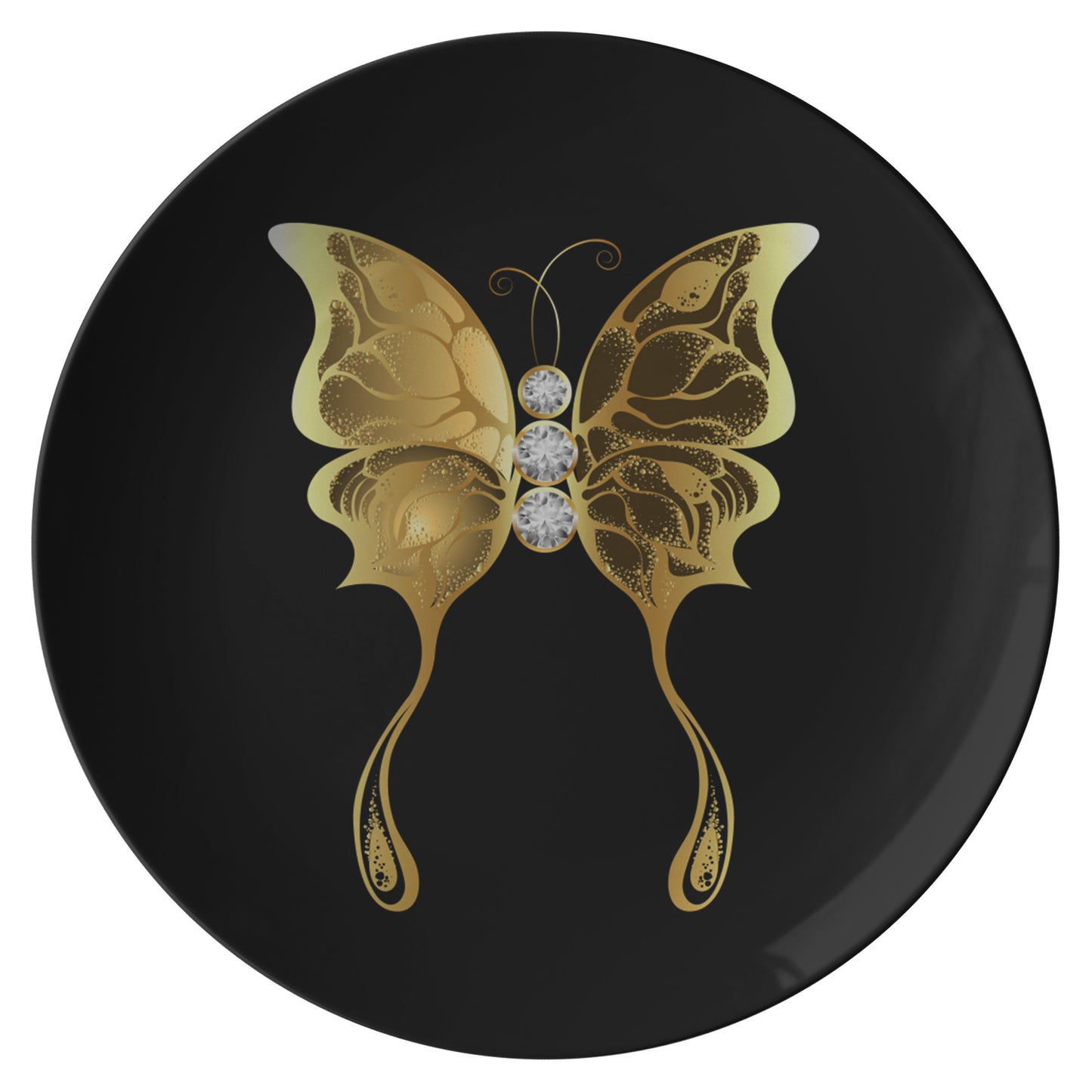 Luxurious, Elegant and Sophisticated Black Dinner Plate, featuring a stunning gold butterfly design with rhinestones.