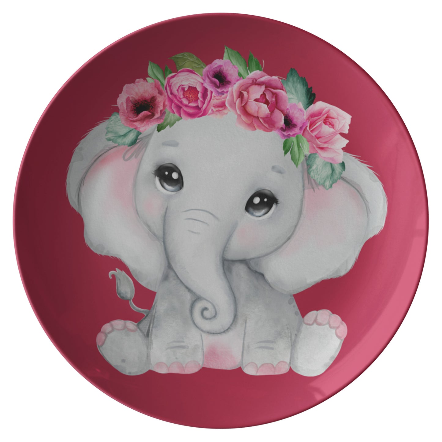 Red Plate, Girl Elephant With Pink Watercolor Flowers
