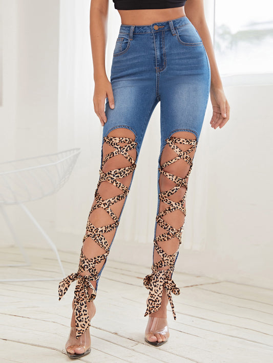 High Waisted Leopard Lace Up Front Skinny Jeans, Rachy Sparkle