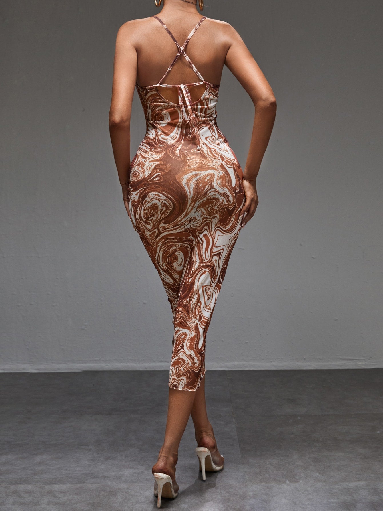 Marble Print Criss cross Tie Back Mesh Bodycon Dress