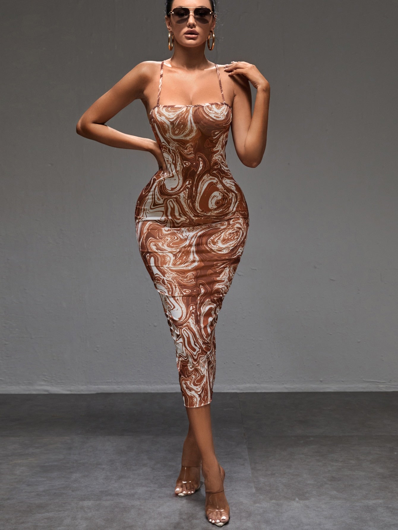 Marble Print Criss cross Tie Back Mesh Bodycon Dress