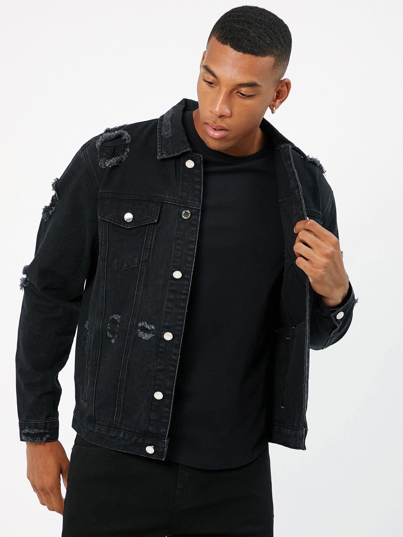 Men Ripped Flap Detail Denim Jacket