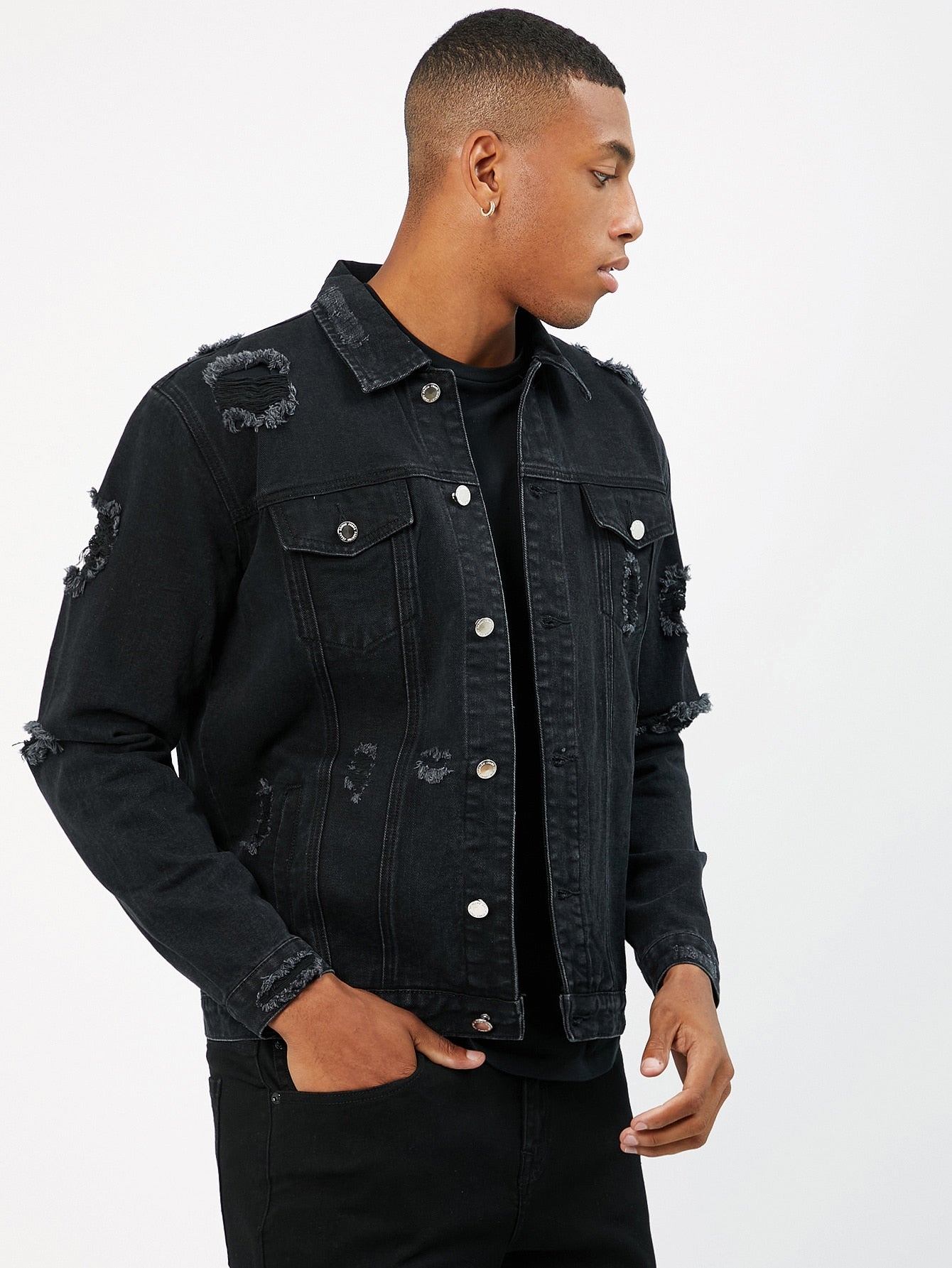 Men Ripped Flap Detail Denim Jacket