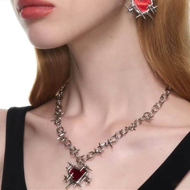 Red Thorns Love Heart Necklace and Earrings