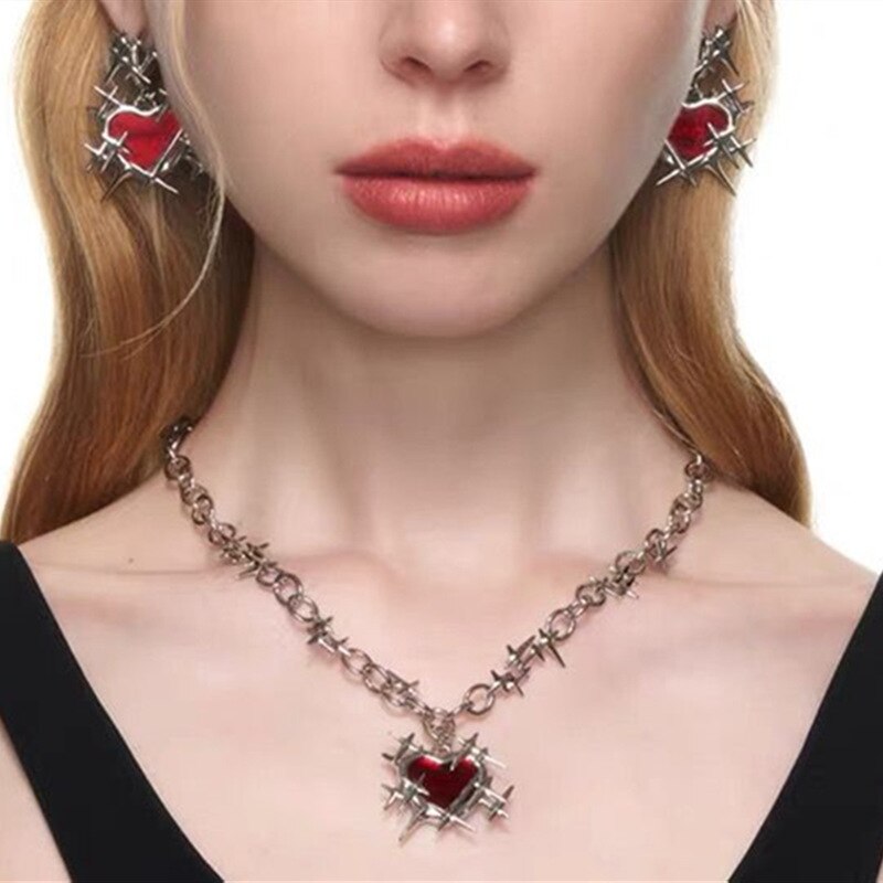 Red Thorns Love Heart Necklace and Earrings