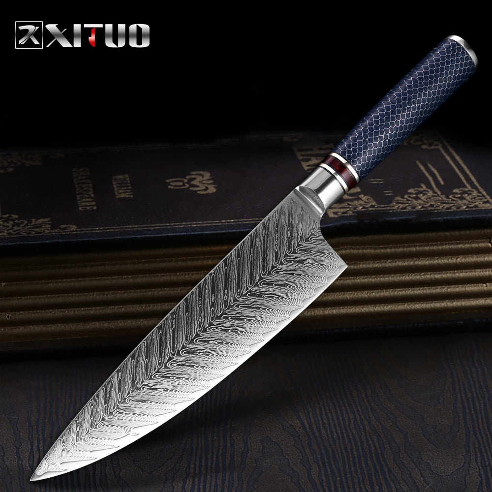 Japanese Chef Knife Damascus Steel VG 10 - izzeboutique, Rachy Sparkle, XITUO 8 Inch Chef Knife Damascus Steel VG 10 Sharp Cleaver Paring Vegetable Blue Resin Honeycomb Handle Household Kitchen Knives