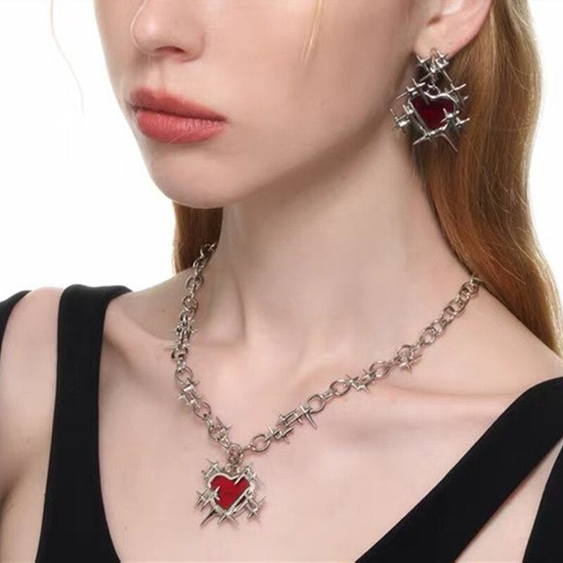 Red Thorns Love Heart Necklace and Earrings