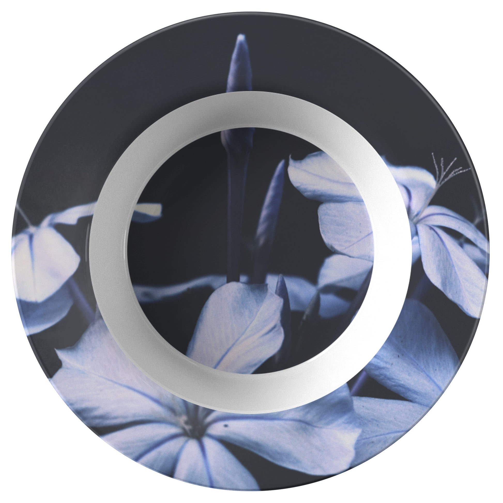 8.5" bowl ThermoSāf® Polymer, Microwave Safe, Periwinkle Flower & Black Bowl by Rachy Sparkle