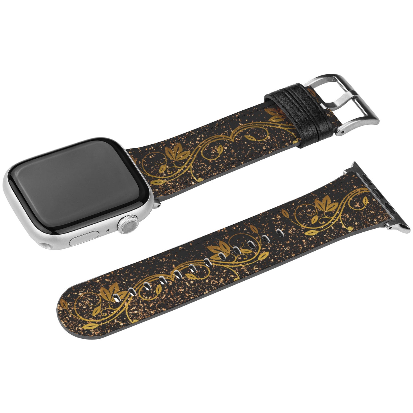 Black Apple Watch Band With Small Gold Swirls By Rachy Sparkle