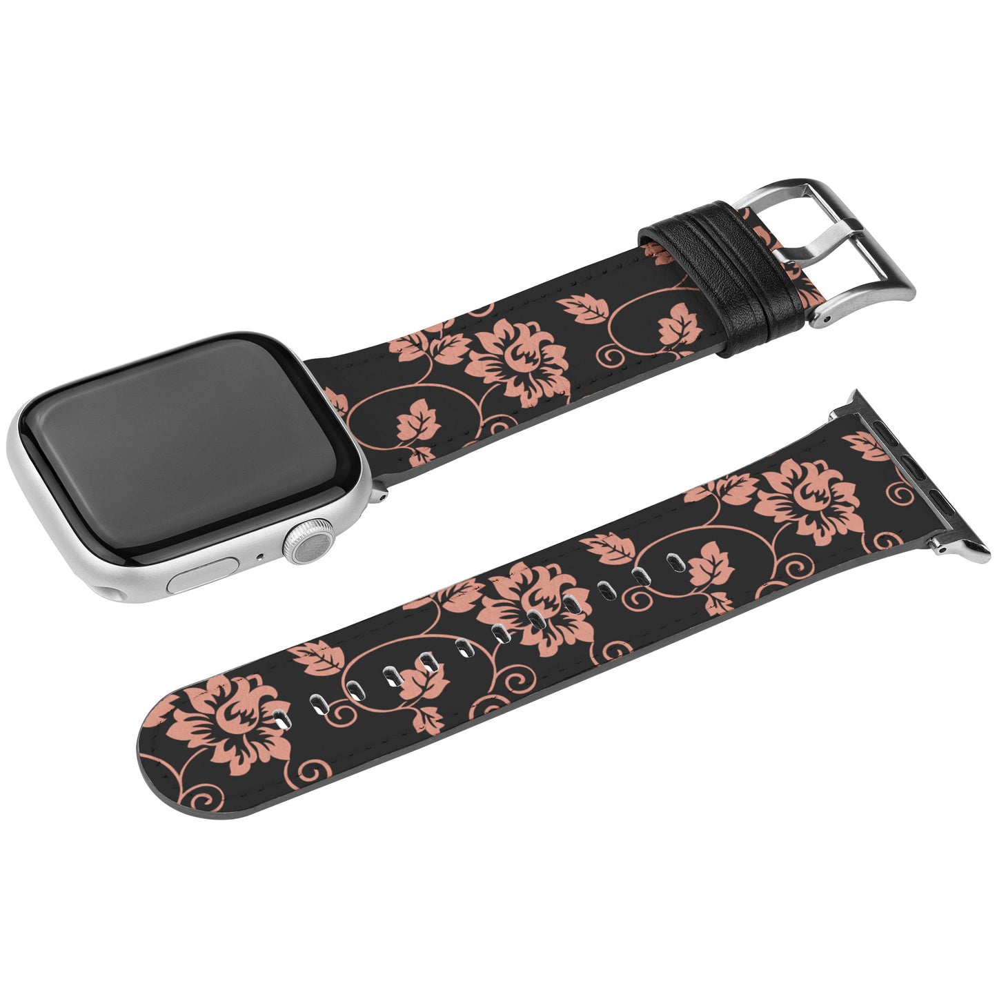 Black Apple Watch Band With peach Flowers