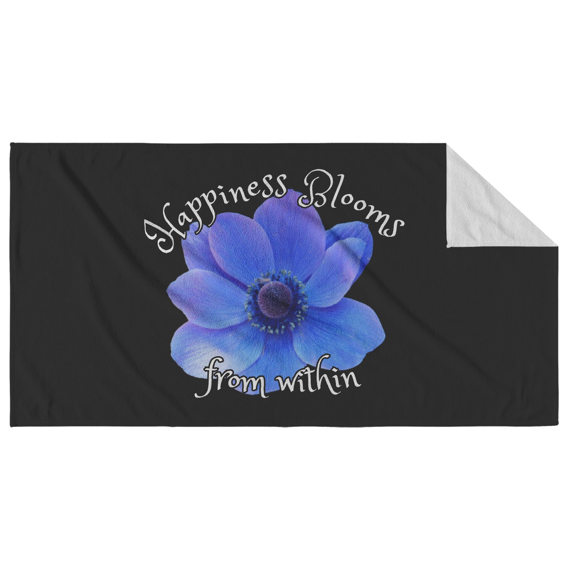 Black Beach Towel With Blue Flower by Rachy Sparkle