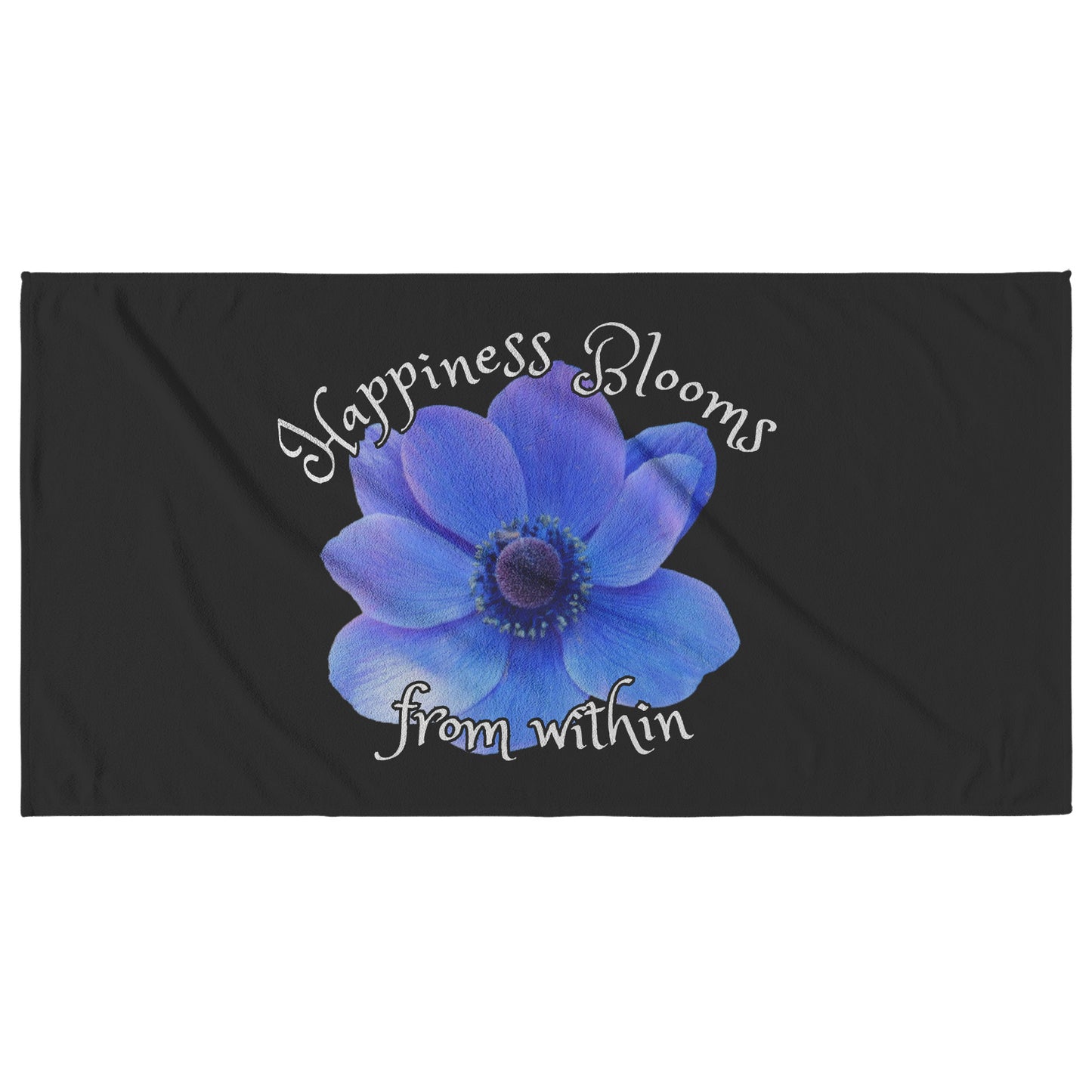 Black Beach Towel With Blue Flower by Rachy Sparkle