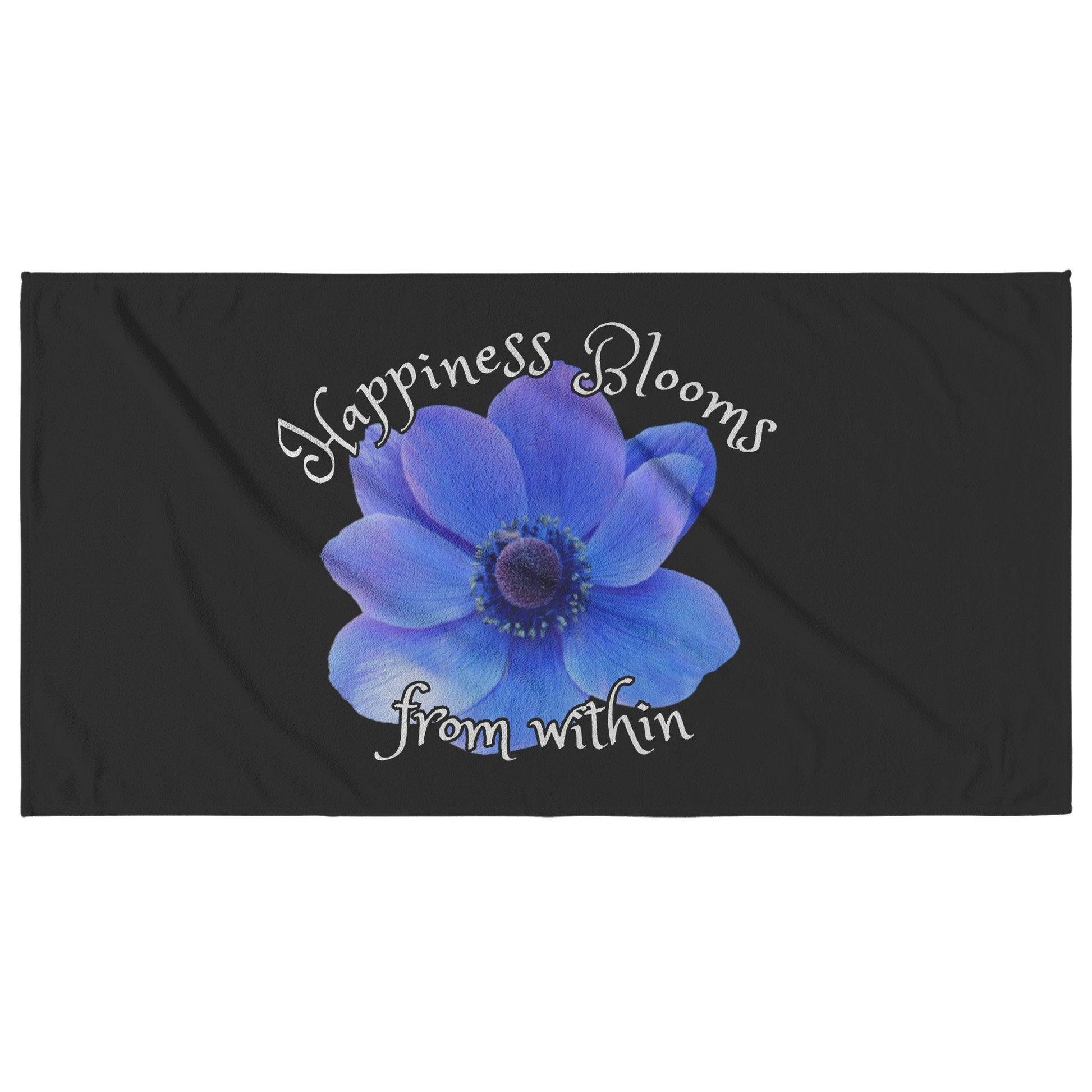 Black Beach Towel With Blue Flower by Rachy Sparkle
