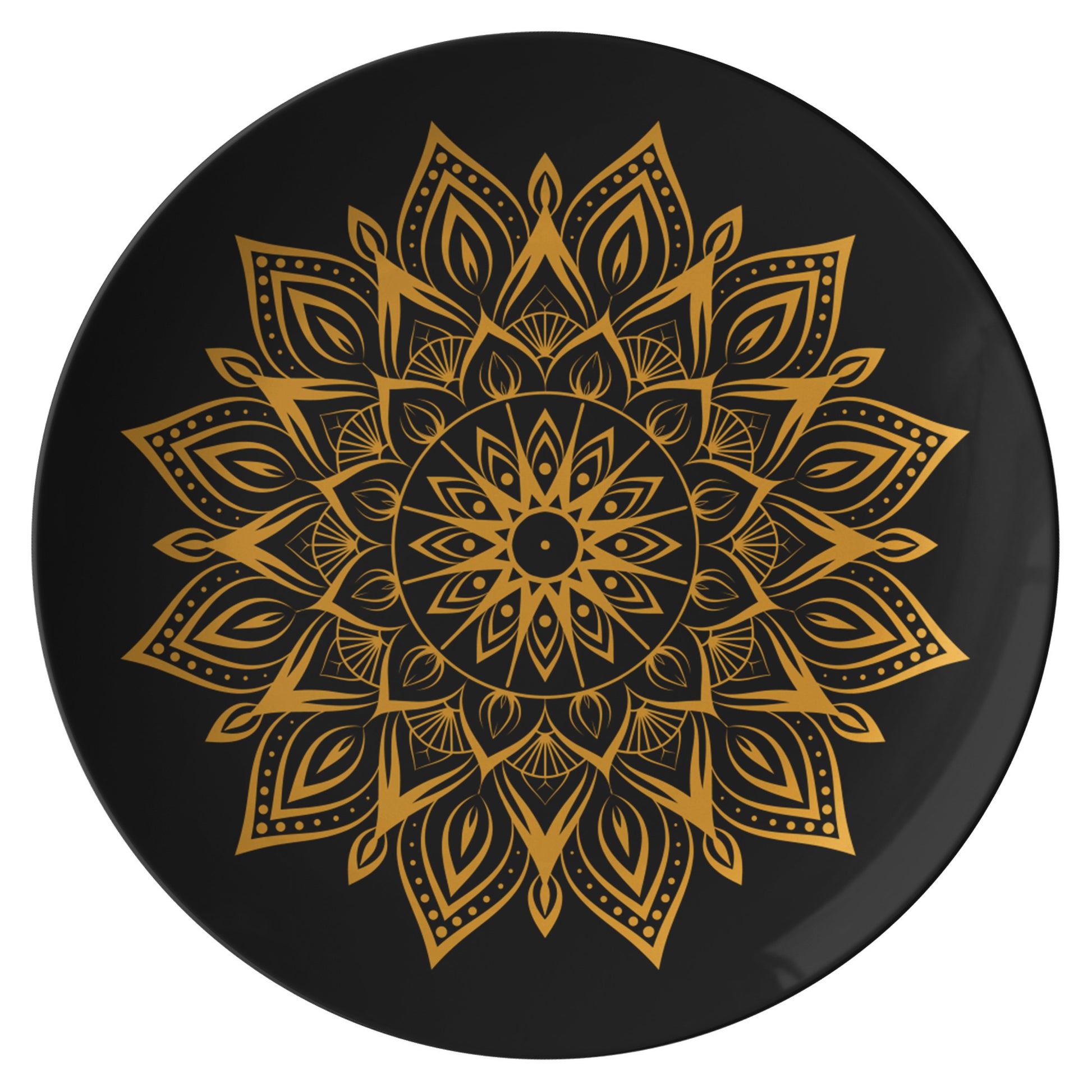 Black Dinner Plate With Gold Mandala, Experience the ultimate in luxury dining with this Black Dinner Plate featuring a captivating Gold Mandala pattern