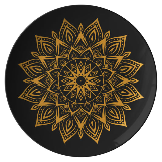 Black Dinner Plate With Gold Mandala, Experience the ultimate in luxury dining with this Black Dinner Plate featuring a captivating Gold Mandala pattern