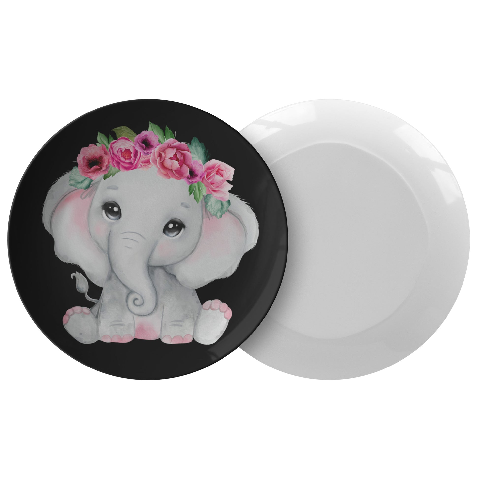 Black Plate of a Baby Girl Elephant With Burgundy & Pink Flowers, Pink Watercolor