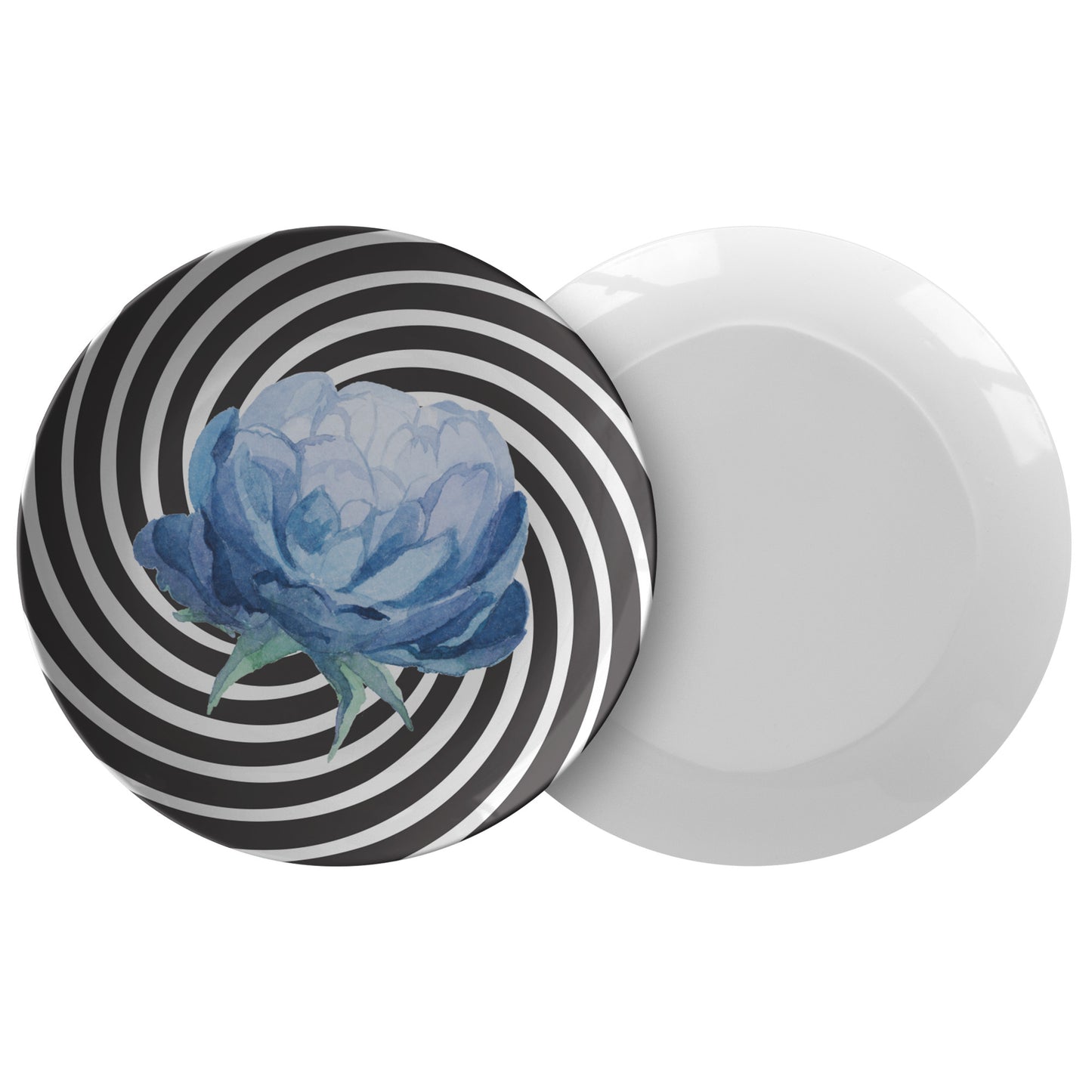 Black & White Swirl Plate By Rachy Sparkle With a Blue Flower
