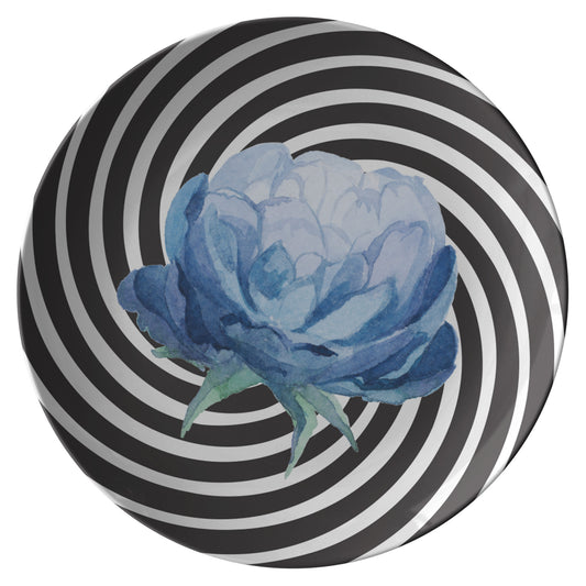 Black & White Swirl Plate By Rachy Sparkle With a Blue Flower