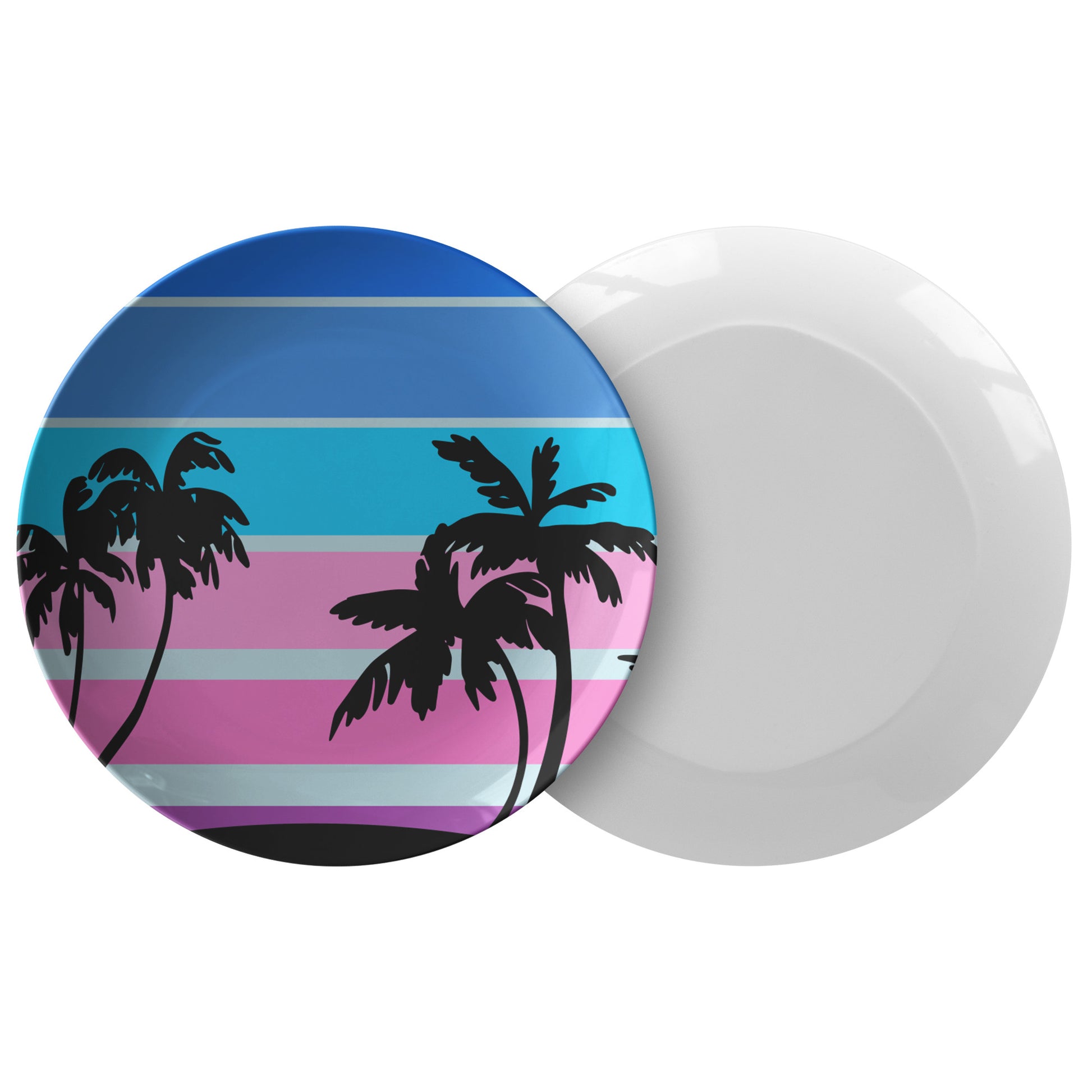 Blue, Pink, Purple Stripes With Black Palm Trees Plate on a light blue background