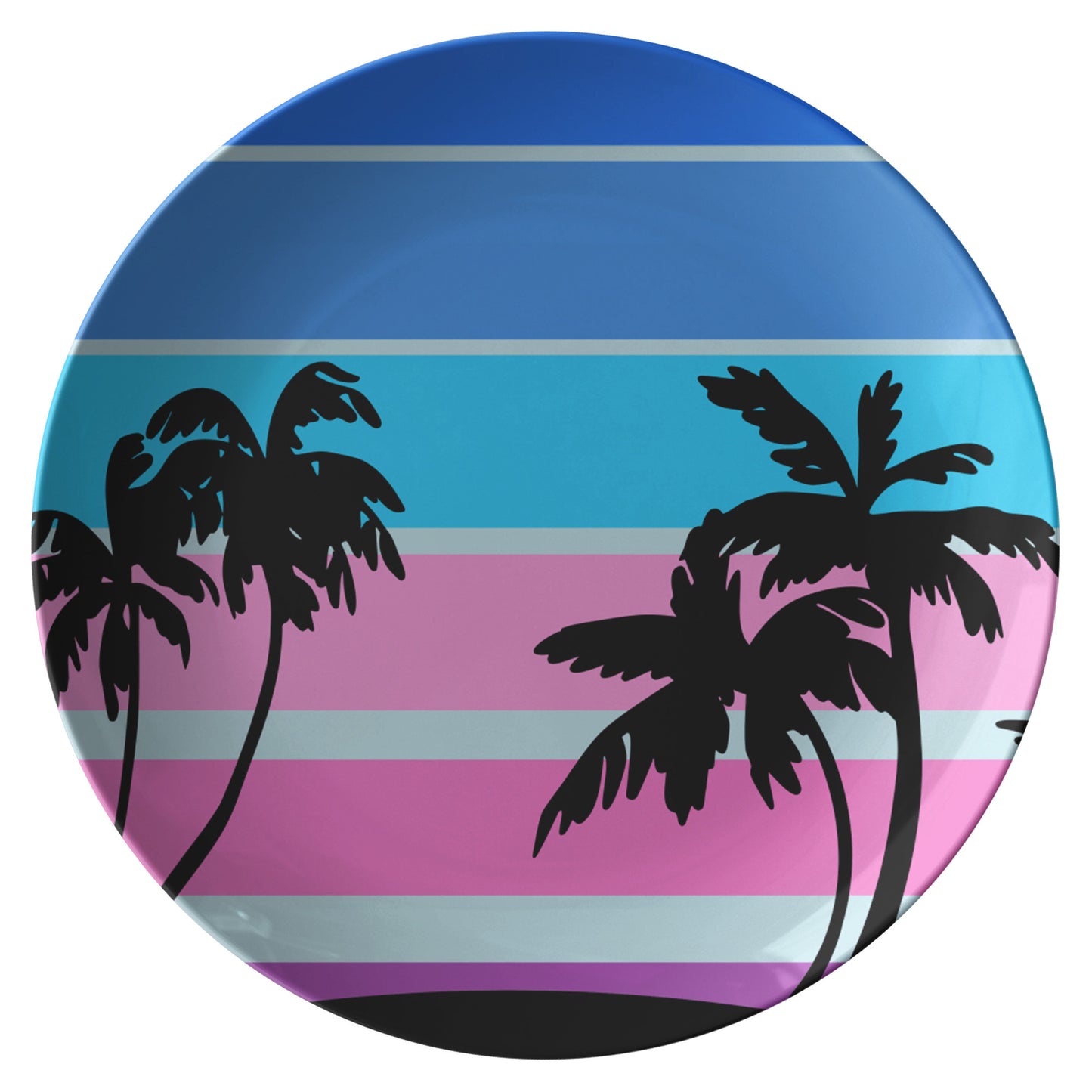 Blue, Pink, Purple Stripes With Black Palm Trees Plate on a light blue background