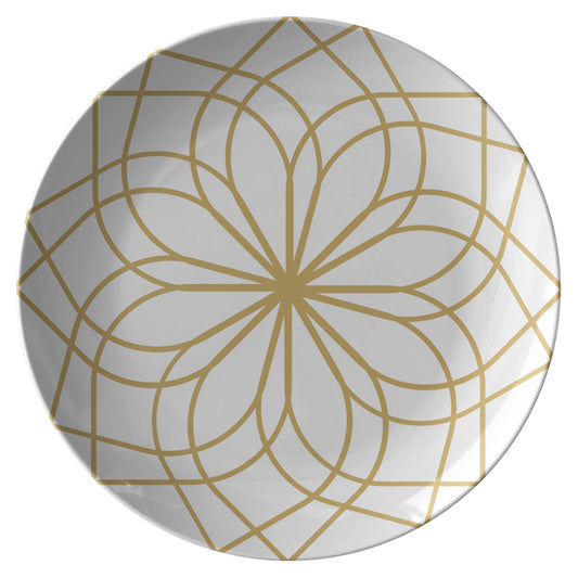 Brown & White Plate, Contemporary, Rosette, Flower of Life, Beautiful Roulette Quilt Pattern, Op art