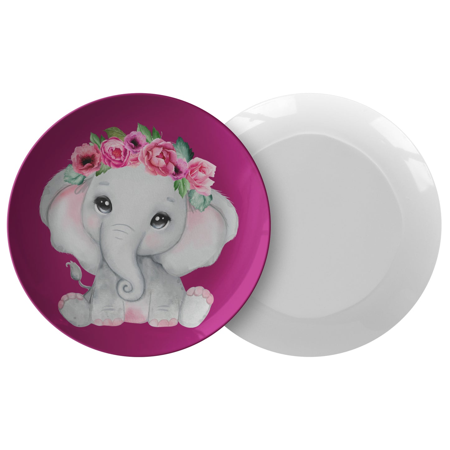 Burgundy Plate, Cute Grey Baby Girl elephant With Flowers, Roses, Pink Watercolor Floral Cartoon Design, Nursery