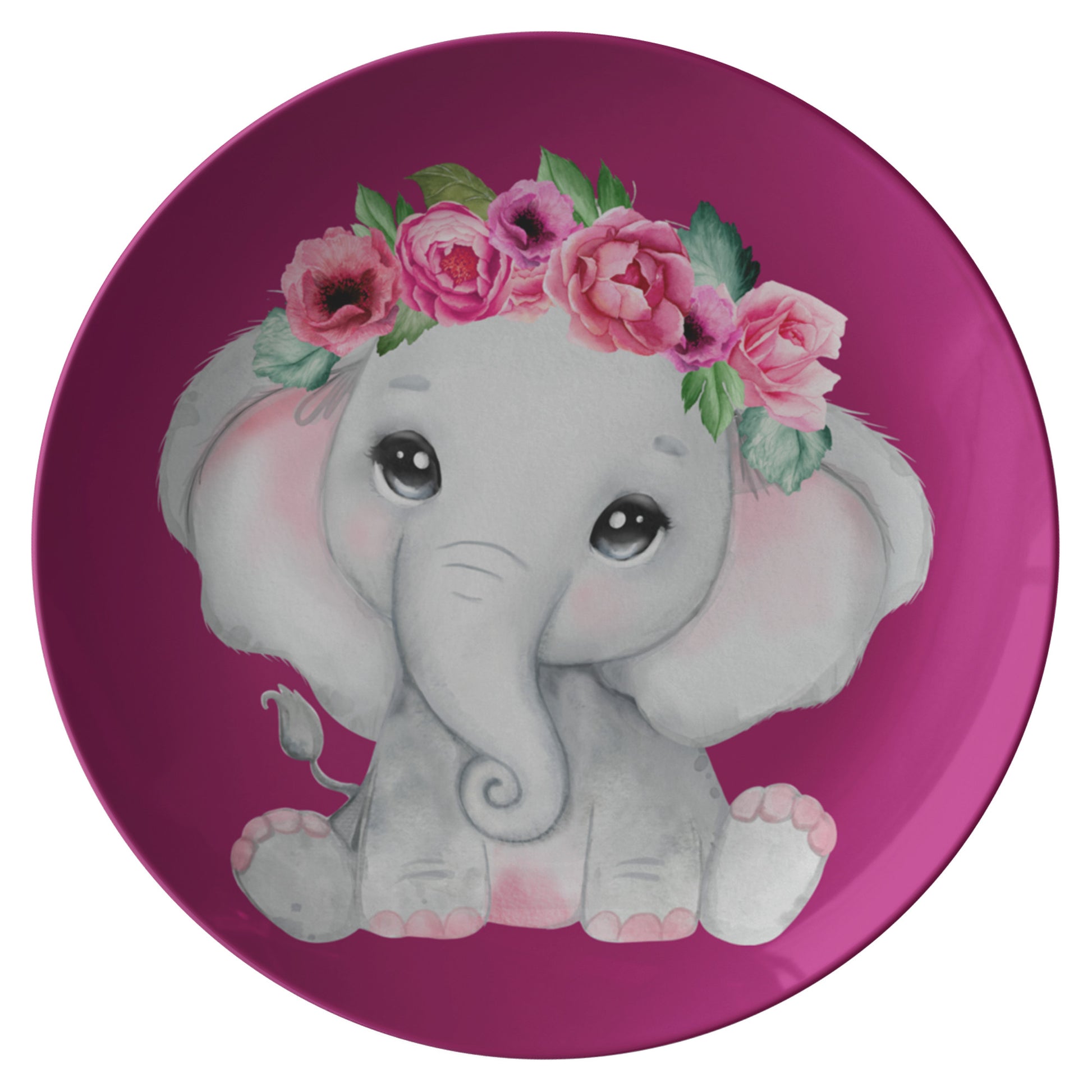 Burgundy Plate, Cute Grey Baby Girl elephant With Flowers, Roses, Pink Watercolor Floral Cartoon Design, Nursery