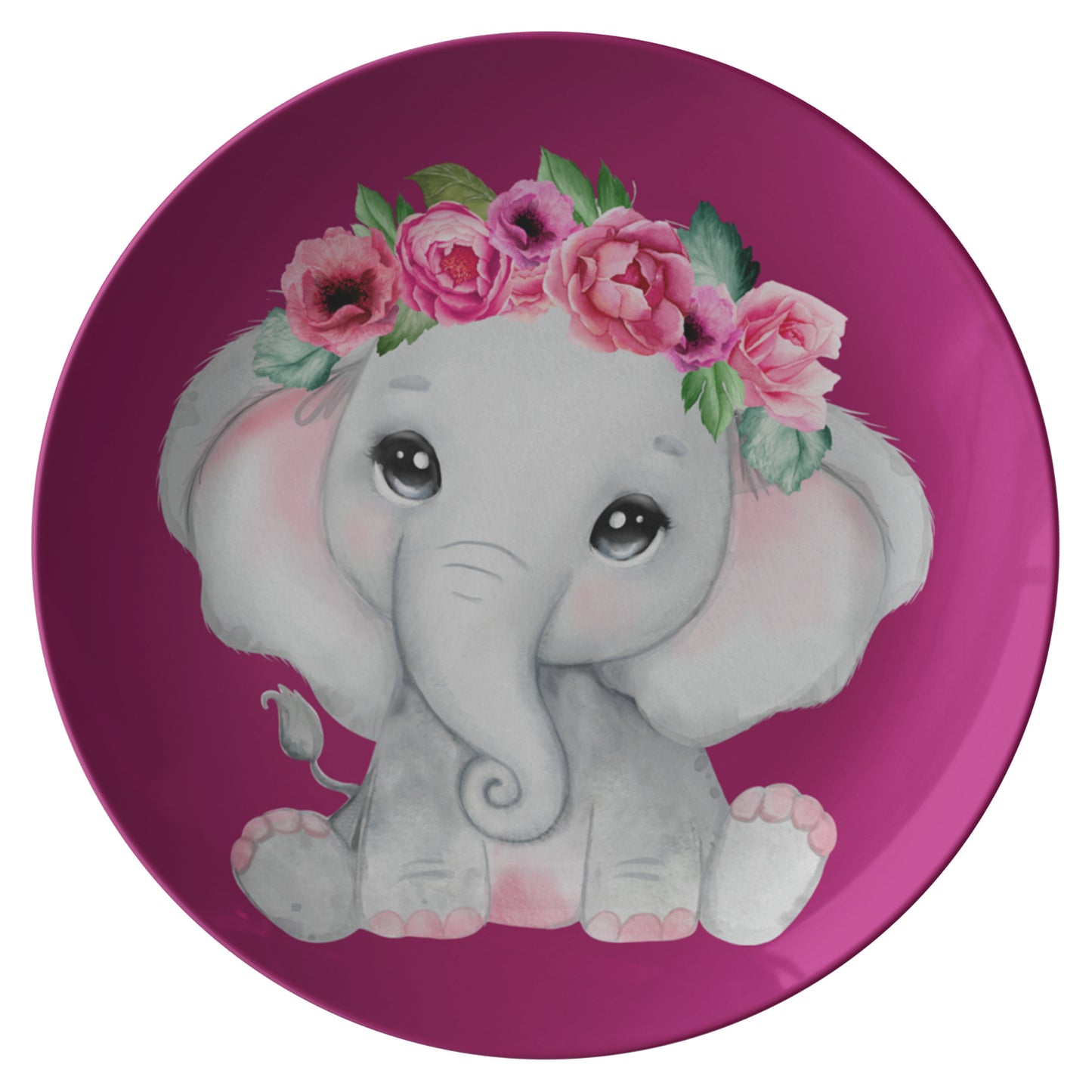 Burgundy Plate, Cute Grey Baby Girl elephant With Flowers, Roses, Pink Watercolor Floral Cartoon Design, Nursery