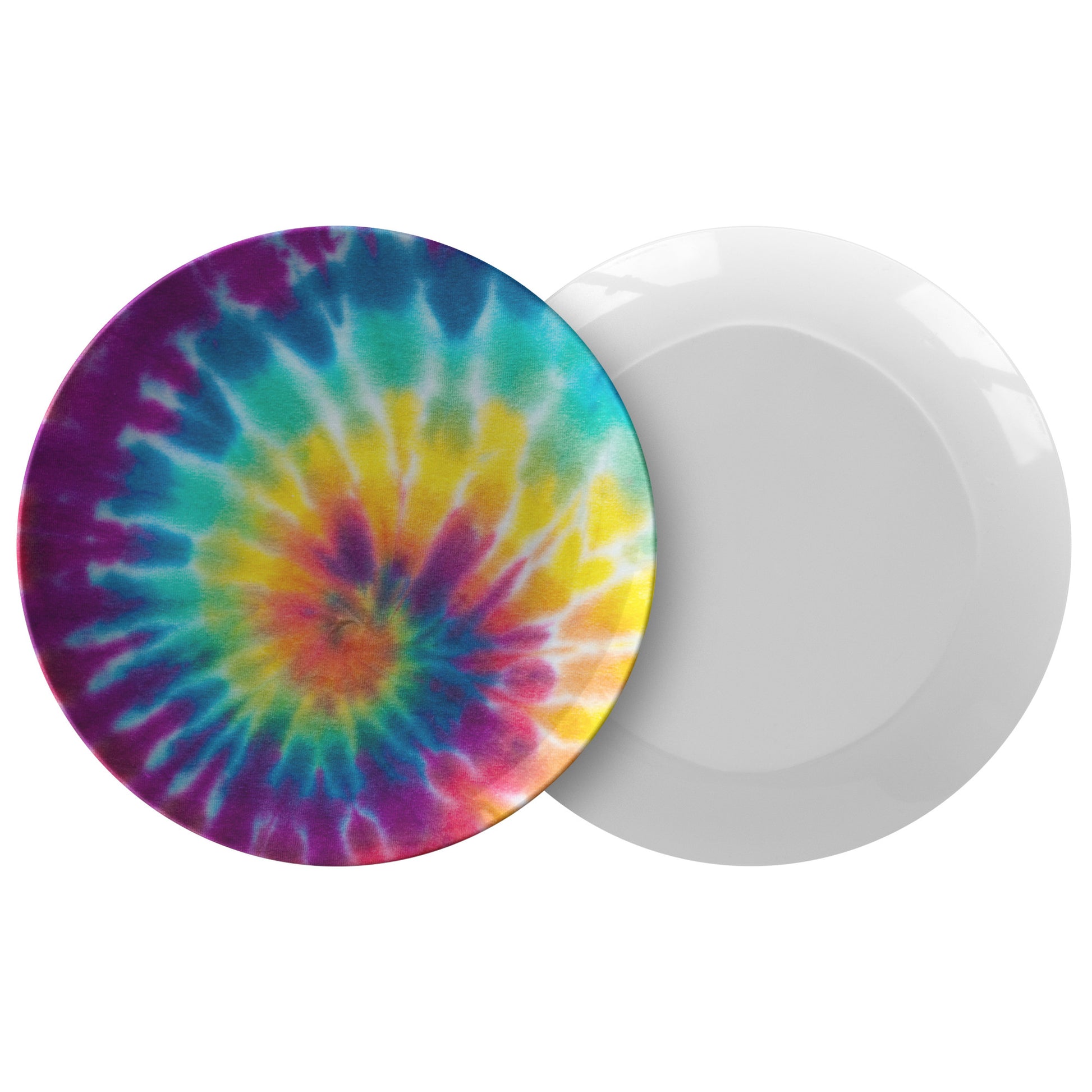 Colorful Tie Dye Round Plate, Abstract Rainbow Swirl Design.