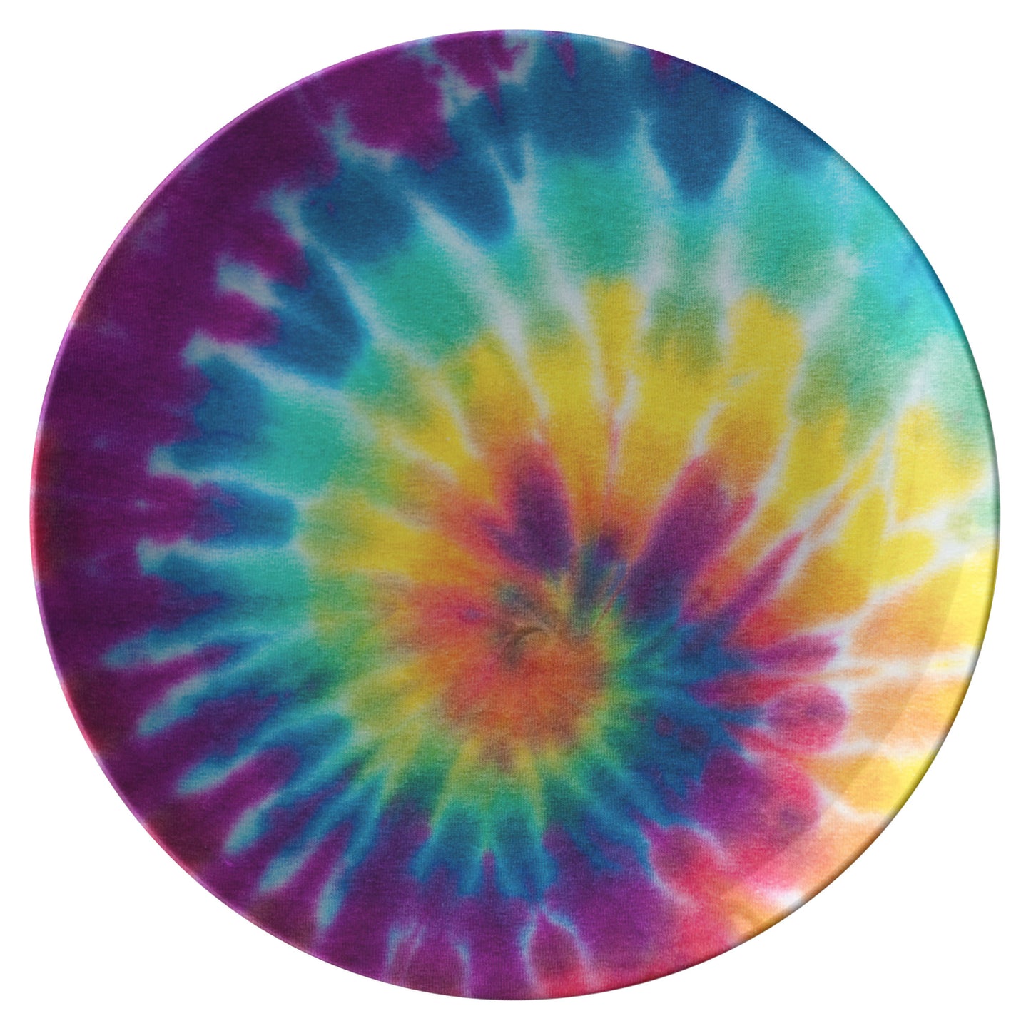 Colorful Tie Dye Round Plate, Abstract Rainbow Swirl Design.
