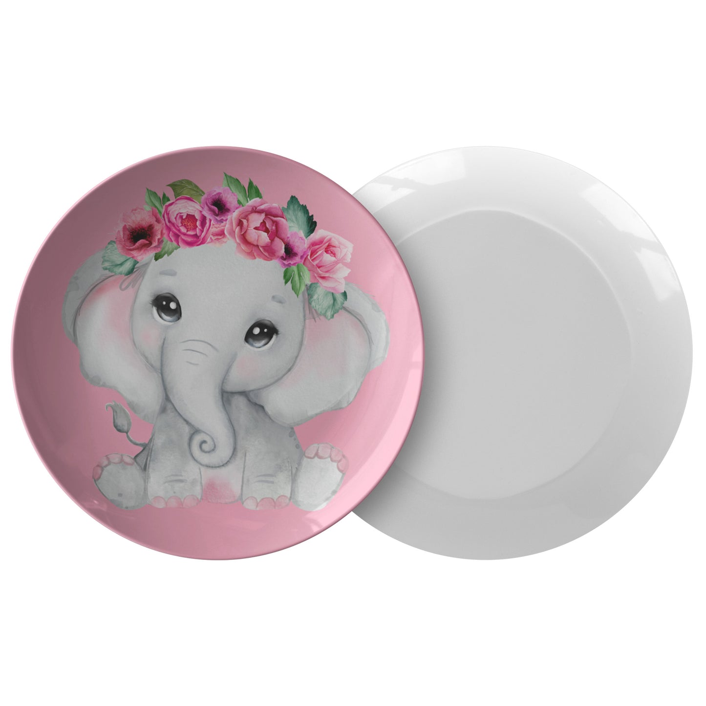 Cute Grey Baby Girl elephant With Flowers, Roses, Pink Watercolor Floral Cartoon Design for the Nursery