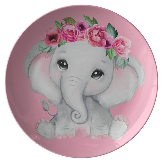 Cute Grey Baby Girl elephant With Flowers, Roses, Pink Watercolor Floral Cartoon Design for the Nursery