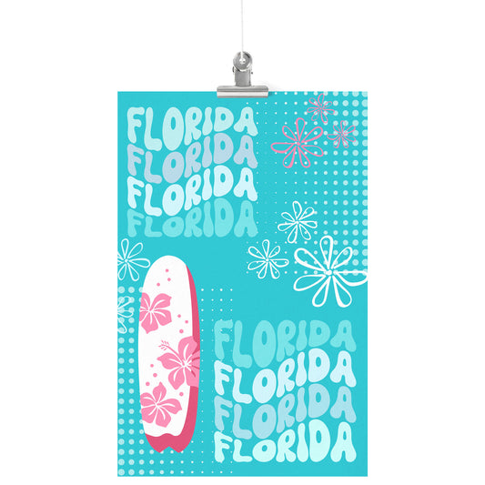 Florida With a pink & White Surf Board & 60's Stylized Flowers, for an Airbnb, Home decor, Interior design,