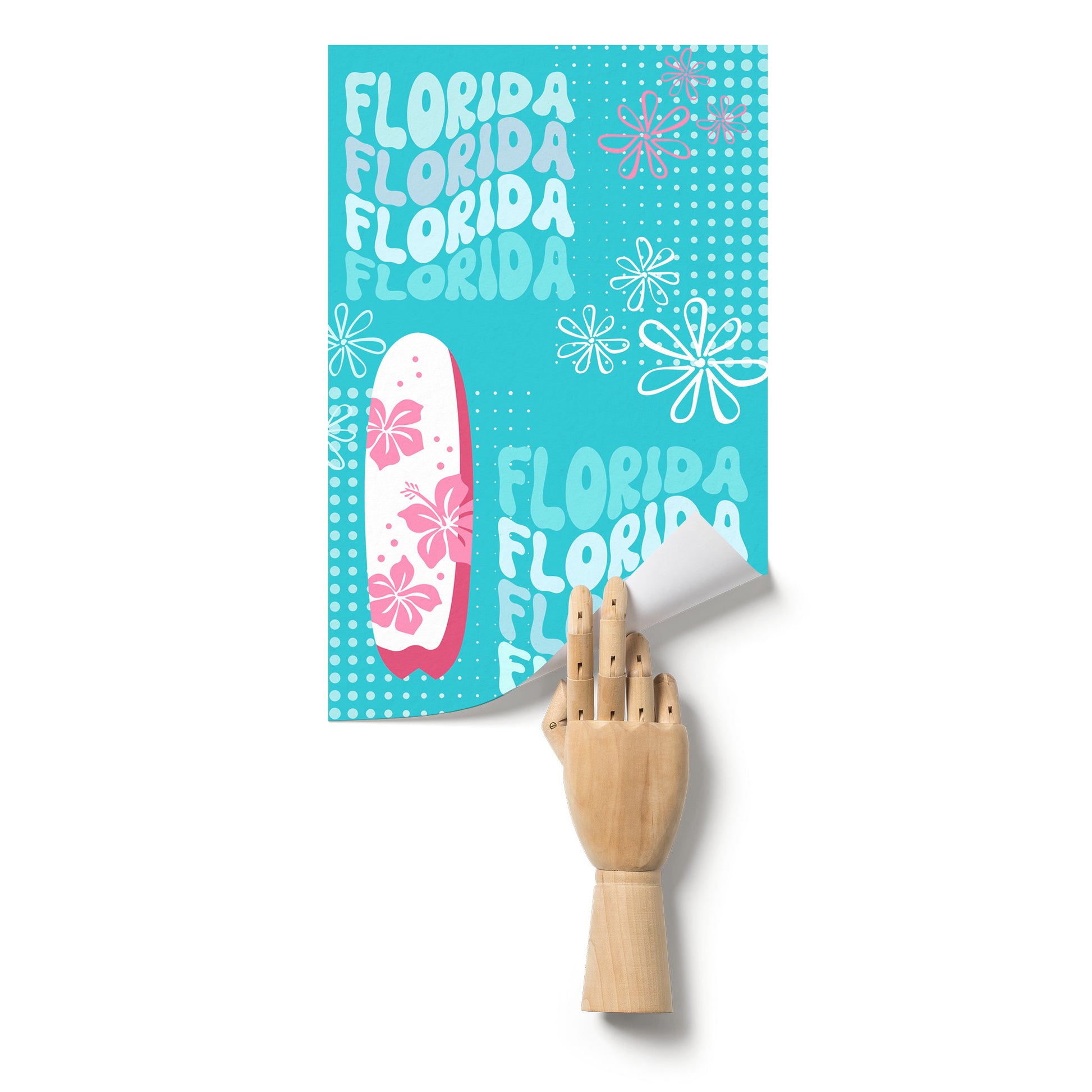 Florida With a pink & White Surf Board & 60's Stylized Flowers, for an Airbnb, Home decor, Interior design,