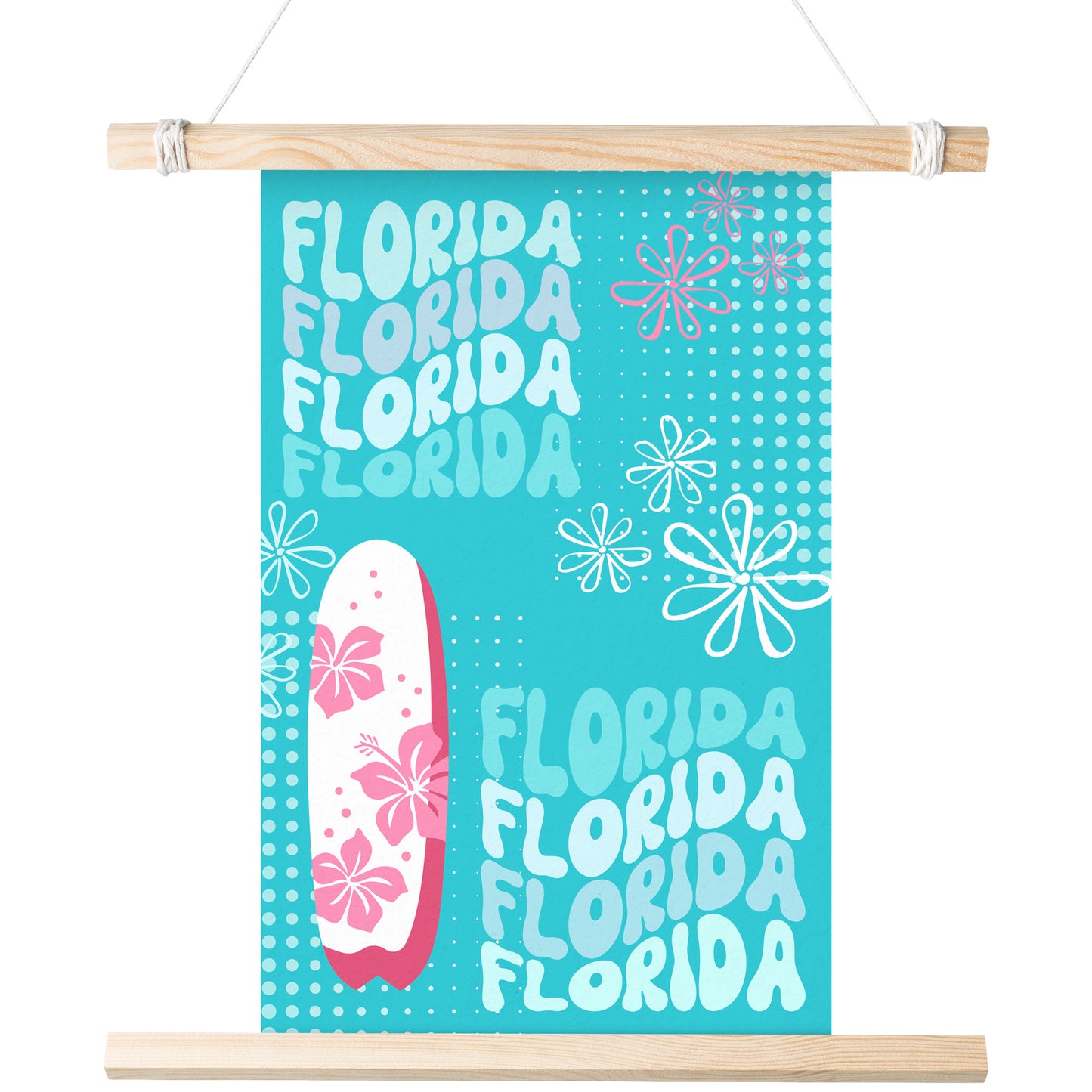 Florida With a pink & White Surf Board & 60's Stylized Flowers, for an Airbnb, Home decor, Interior design,