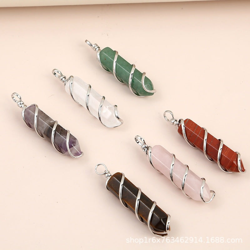 Charm Hexagonal Column Quartz Necklace Pendant Natural Stone Healing Point Bullet Crystal Gold Silver Wire Wrapped