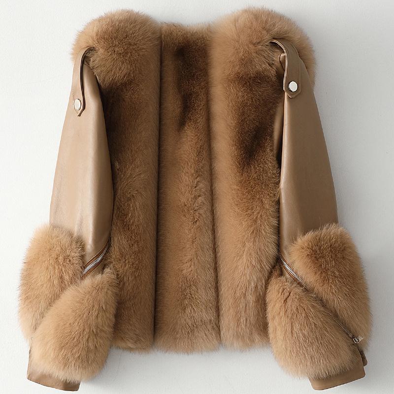 New winter coat short sheep skin shearling fox fur cropped coat for woman