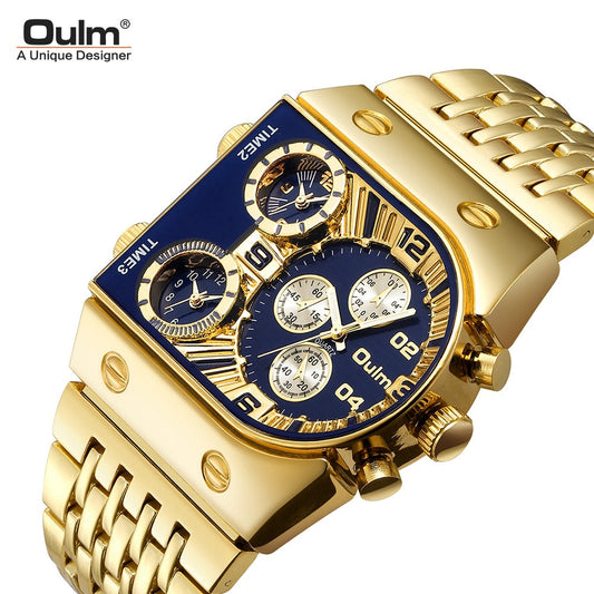 Mens Luxurious Oulm Quartz Wrist Watch, Luxury Gold Strap, 3 Clock, Waterproof,