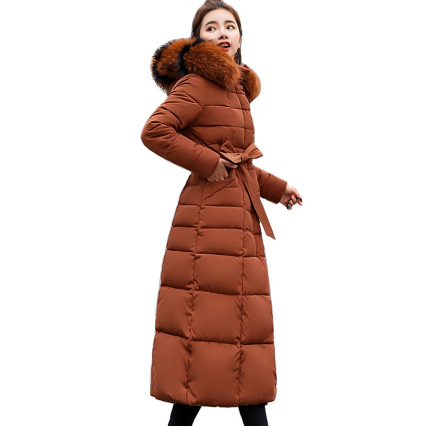 OOTN women's thick coat long dress new winter coat women's warm fashion bow belt fox fur collar coat