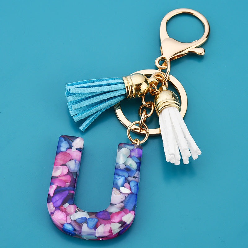 Fashion Boho Alphabet A to Z Letters Tassel Gold Plated Resin Initial keychain