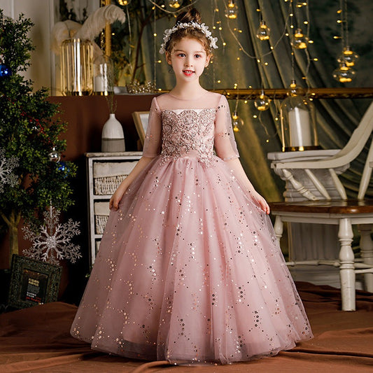 Pink/Champagne, Sleeveless Lace Appliqued A Line Wedding Pageant Communion Gowns Cute Flower Girls wedding Dresses