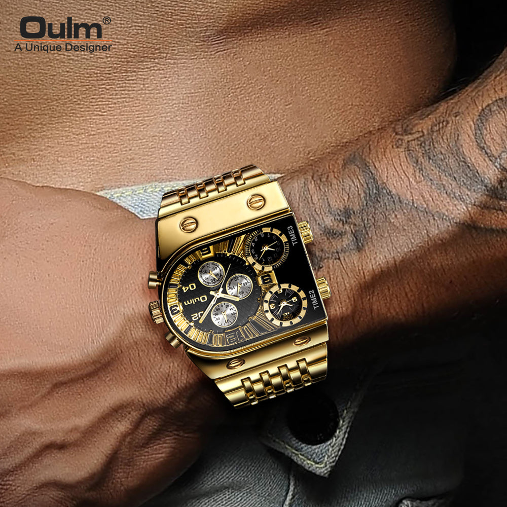 Mens Luxurious Oulm Quartz Wrist Watch, Luxury Gold Strap, 3 Clock, Waterproof,