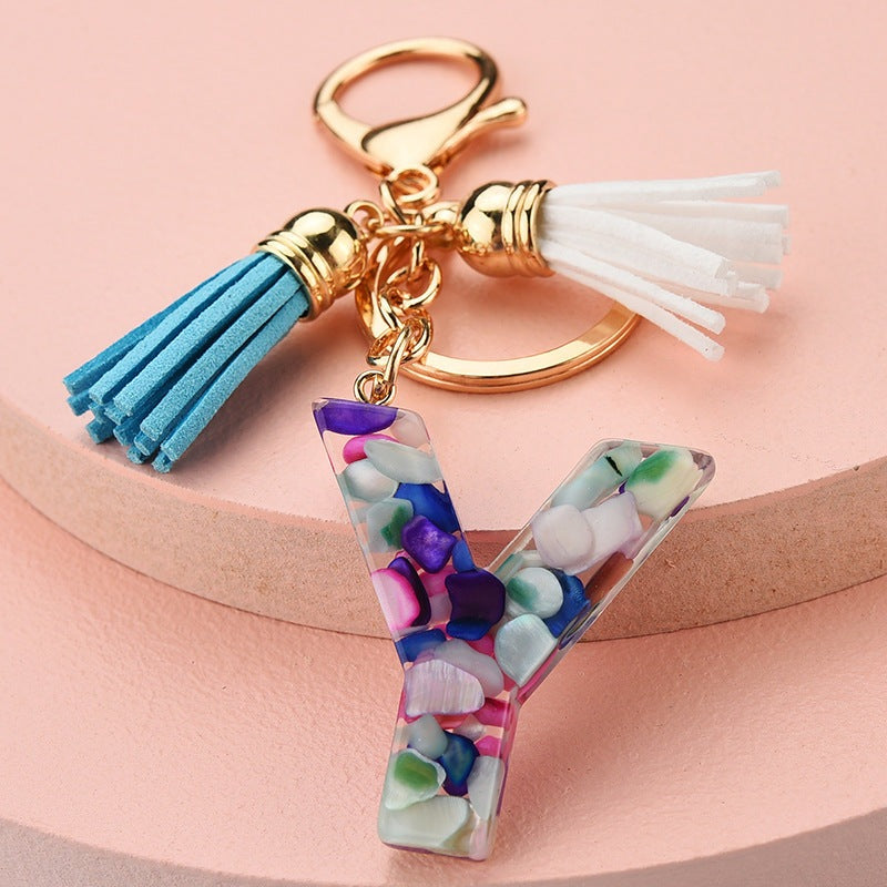 Fashion Boho Alphabet A to Z Letters Tassel Gold Plated Resin Initial keychain